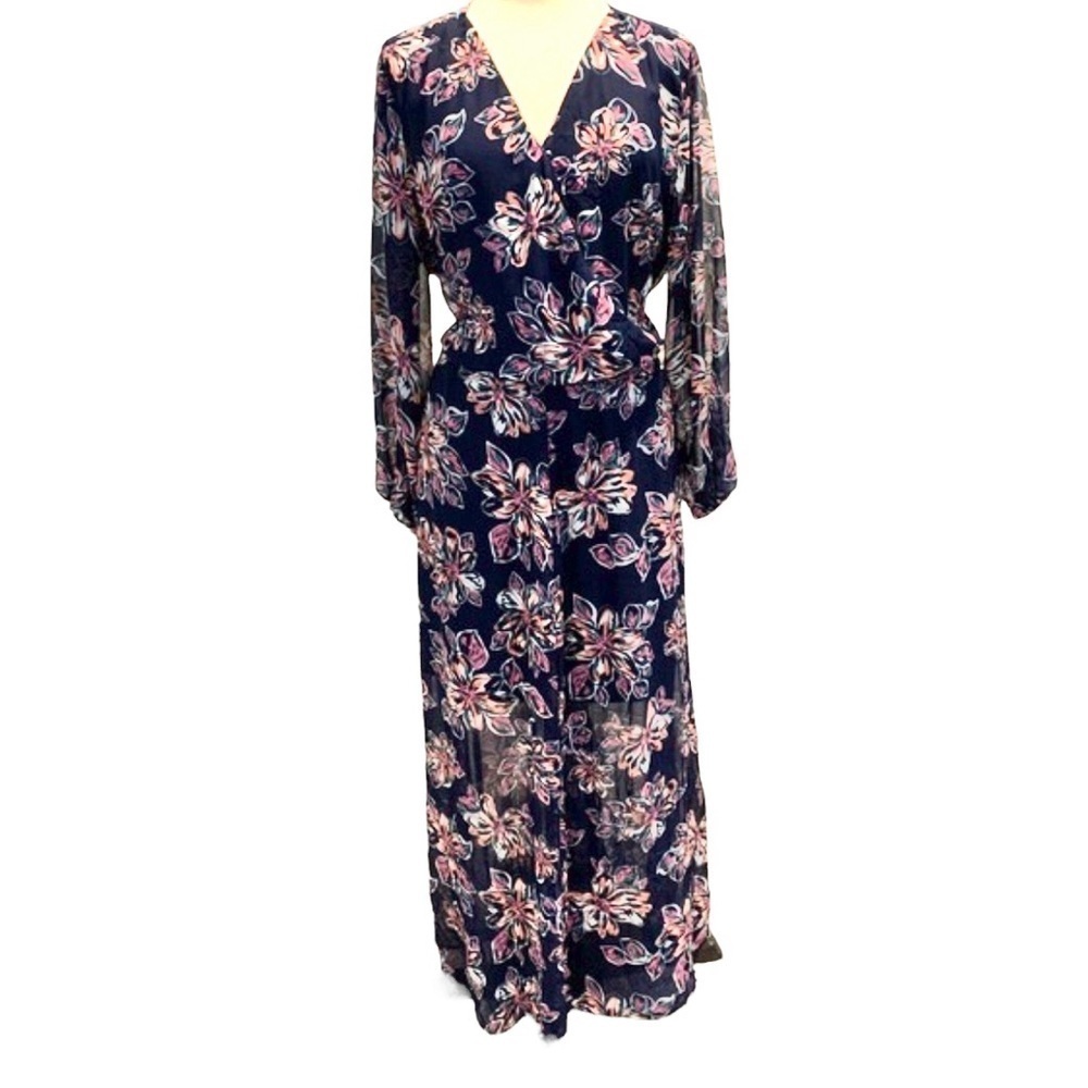 New Look Navy Pink Floral Long sleeve Maxi Dress Size 2X